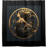 Zeemeermin Zwart en Goud Art Deco Douche Gordijn (Voorkant)