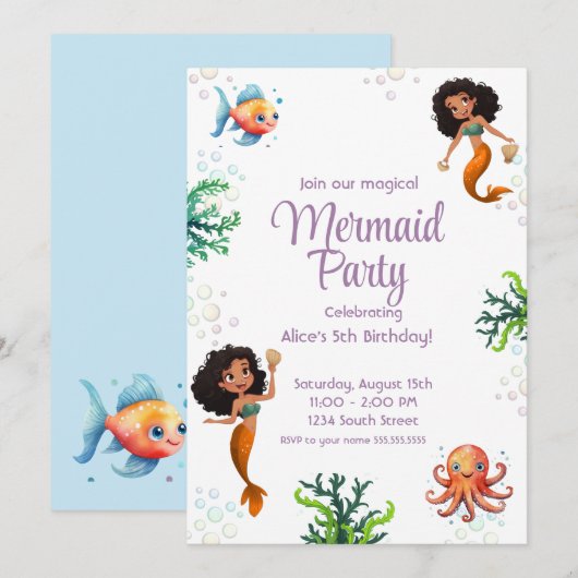 Zeemeermin Zwart Verjaardag Uitnodiging Feest (Voorkant / Achterkant)