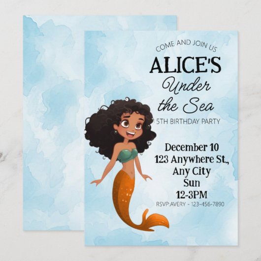 Zeemeermin Zwart Verjaardagsuitnodiging Sjabloon Kaart (Voorkant / Achterkant)
