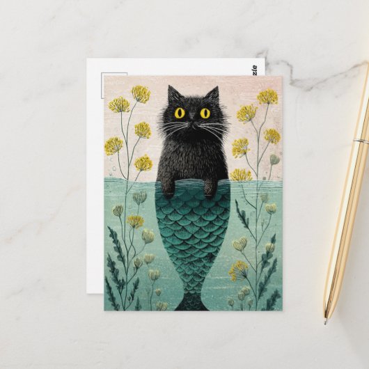 Zeemeermin Zwarte Kitty Briefkaart (Voorkant / Achterkant in situ)