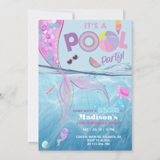 Zeemeermin zwembad feest verjaardagsuitnodiging, m kaart (Voorkant)