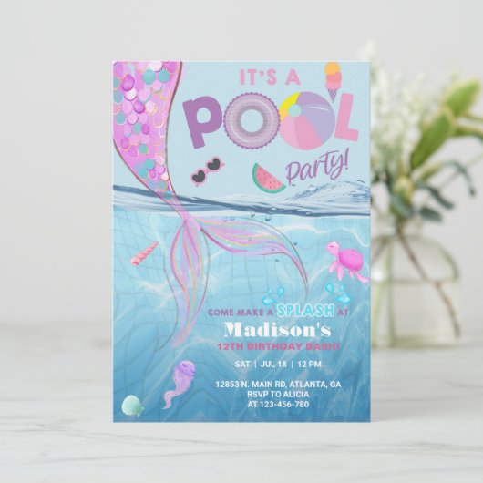 Zeemeermin zwembad feest verjaardagsuitnodiging, m kaart (Staand voorkant)