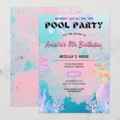 Zeemeermin Zwembad Party Meisje Verjaardag Uitnodi Kaart (Voorkant / Achterkant)