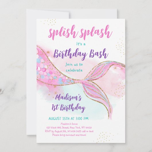 Zeemeermin Zwembad Party Roze Goud Verjaardag Kaart (Voorkant)