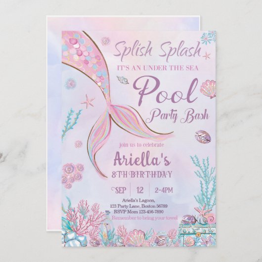 Zeemeermin Zwembad Verjaardagsuitnodiging onder Ze Kaart (Voorkant / Achterkant)
