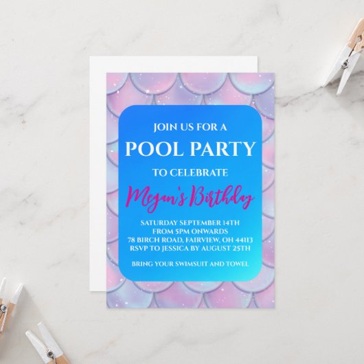 zeemeermin zwembadfeest uitnodigingen (Voorkant / Achterkant in situ)