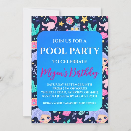 zeemeermin zwembadfeest uitnodigingen (Voorkant)