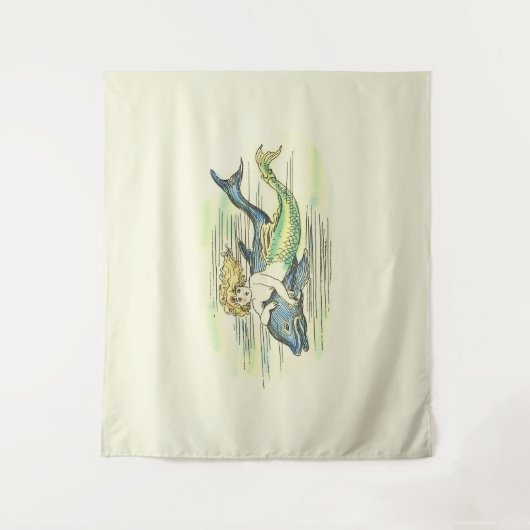 Zeemeermin Zwemmen Met Dolfijn Gekleurd Wandkleed (Voorkant)