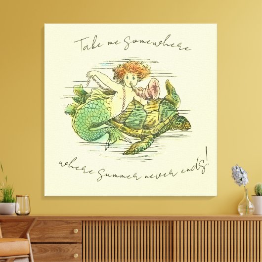 Zeemeermin Zwemmen met Zee Schildpad en Quote Canvas Afdruk (Insitu (Woonkamer))