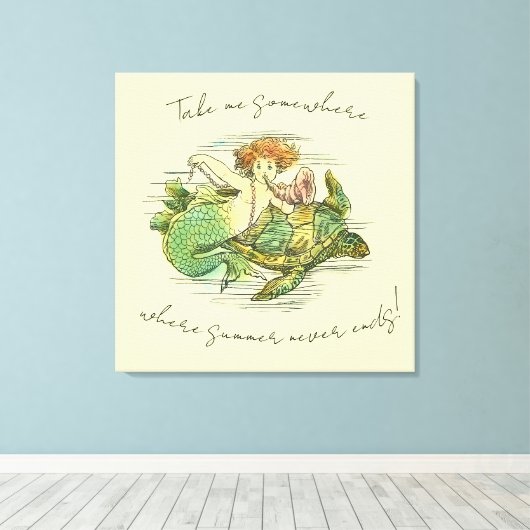  Zeemeermin Zwemmen met Zee Schildpad en Quote Canvas Afdruk (Insitu (Houten vloer))