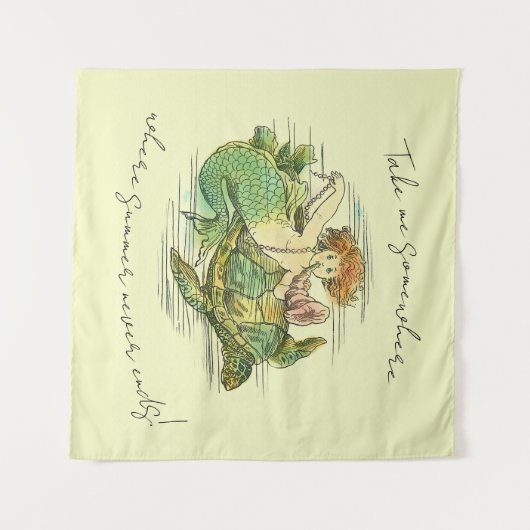 Zeemeermin Zwemmen met Zee Schildpad en Quote Wandkleed (Voorkant (horizontaal))