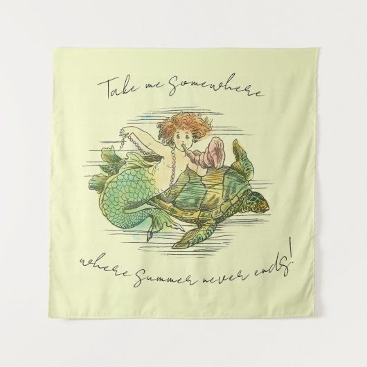 Zeemeermin Zwemmen met Zee Schildpad en Quote Wandkleed (Voorkant)