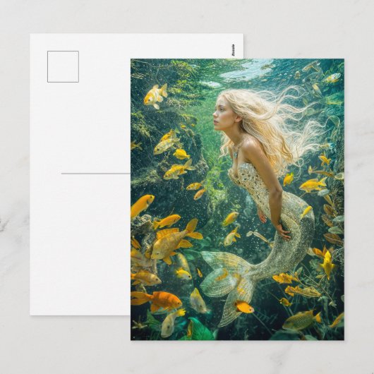 Zeemeermin Zwemmen Tussen Gele Vissen School Feestdagenkaart (Voorkant / Achterkant)