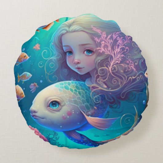 Zeemeermin zwemt met een schattige kussen van vis (Achterkant)