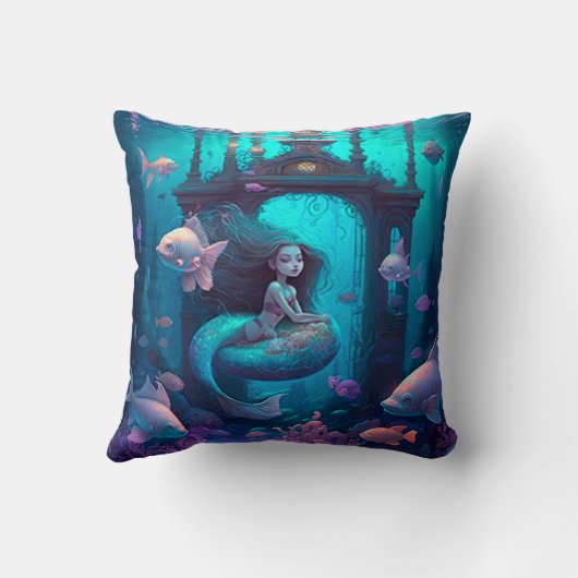 Zeemeermin zwemt met een schattige kussen van vis (Achterkant)