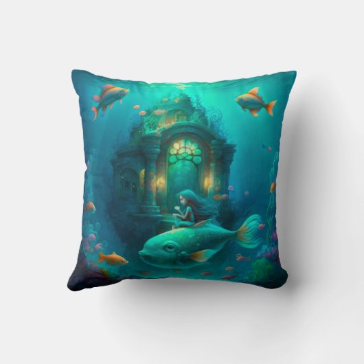 Zeemeermin zwemt met een schattige kussen van vis (Achterkant)