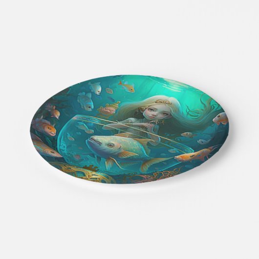 Zeemeermin zwemt met klokkenpapier van vis papieren bordje (Gekanteld)