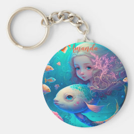 Zeemeermin zwemt met vis sleutelhanger