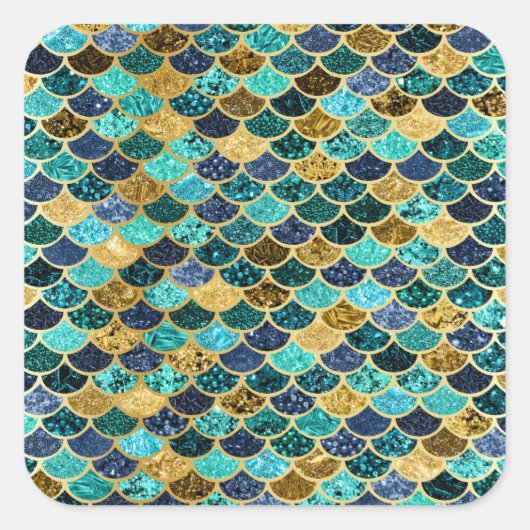 Zeemeerminhuid Vis Schalen Goud Blauwgroen Turquoi Vierkante Sticker (Voorkant)