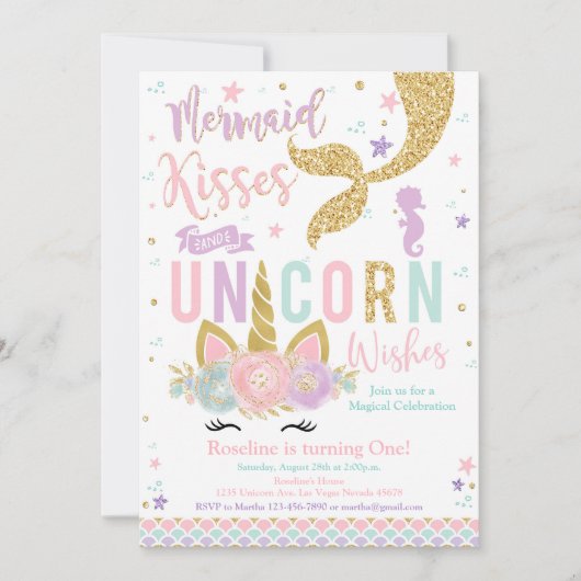 Zeemeerminkusjes & eenhoorn wenst verjaardag kaart (Voorkant)