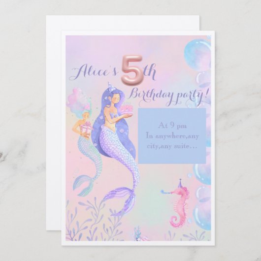 Zeemeerminnen 5e verjaardag uitnodiging (Voorkant / Achterkant)