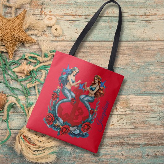 Zeemeerminnen Anker Bloemen Rood Blauw Tote Bag