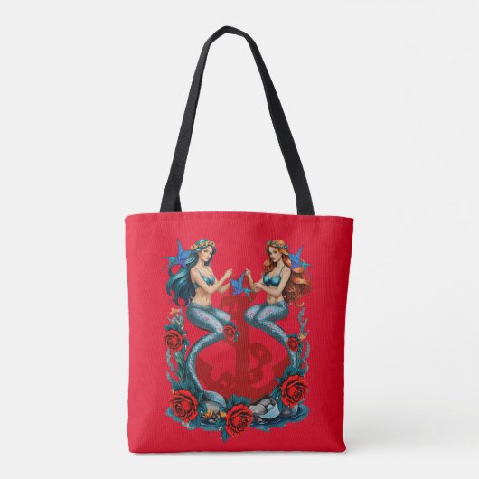 Zeemeerminnen Anker Bloemen Rood Blauw Tote Bag (Achterkant)