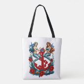Zeemeerminnen Anker Bloemen Wit Blauw Rood Rozen Tote Bag (Achterkant)