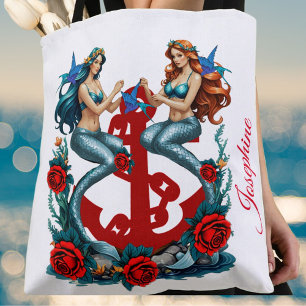 Zeemeerminnen Anker Bloemen Wit Blauw Rood Rozen Tote Bag