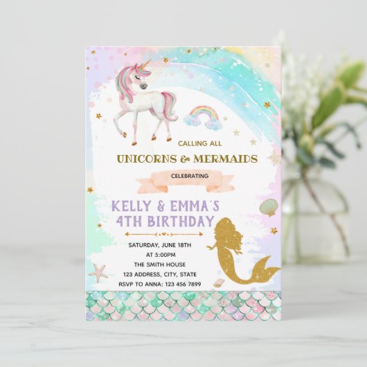 Zeemeerminnen en eenhoorn gezamenlijke uitnodiging (Staand voorkant)