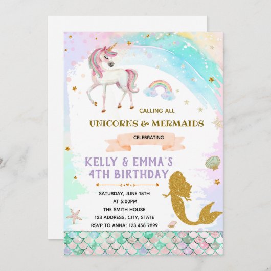 Zeemeerminnen en eenhoorn gezamenlijke uitnodiging (Voorkant / Achterkant)