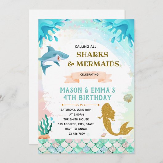 Zeemeerminnen en haai gezamenlijke uitnodiging voo (Voorkant / Achterkant)