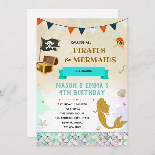 Zeemeerminnen en piraten gezamenlijke uitnodiging (Voorkant / Achterkant)