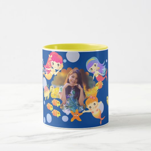 Zeemeerminnen foto blauw mok (Midden)