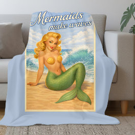 Zeemeerminnen maken golven Retro PinUp Kust Strand Fleece Deken
