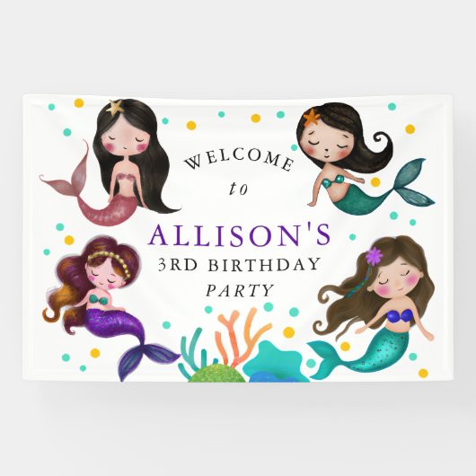  zeemeerminnen onder het Zee Girls Birthday Party Spandoek (Horizontaal)