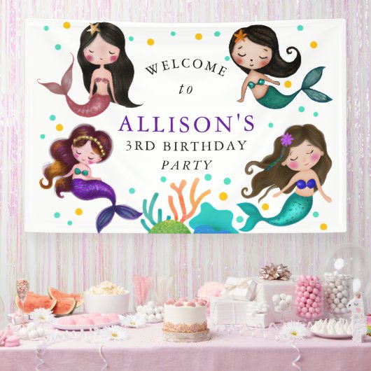  zeemeerminnen onder het Zee Girls Birthday Party Spandoek (Feest)