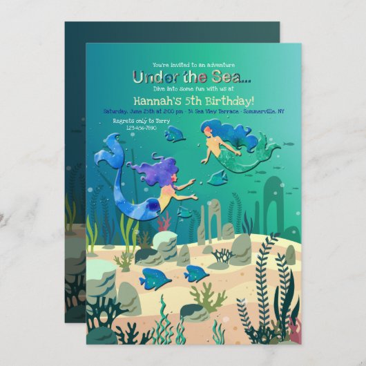 Zeemeerminnen onder het Zee Invitation Kaart (Voorkant / Achterkant)