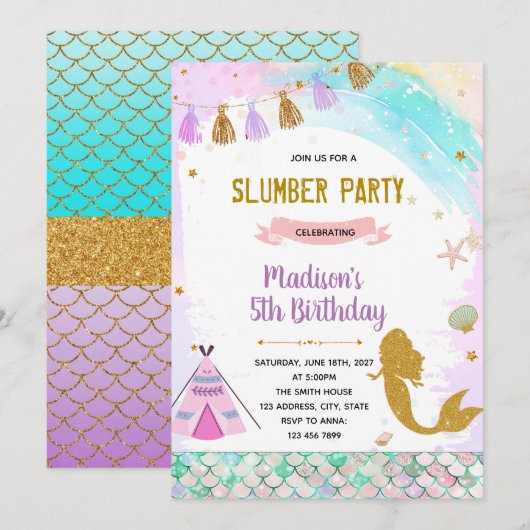 Zeemeerminnen sleepover verjaardagsuitnodiging kaart (Voorkant / Achterkant)