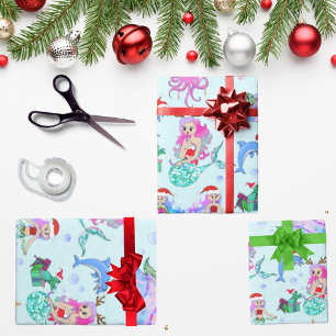 Zeemeerminnen vieren kerstfeest met vrienden cadeaupapier