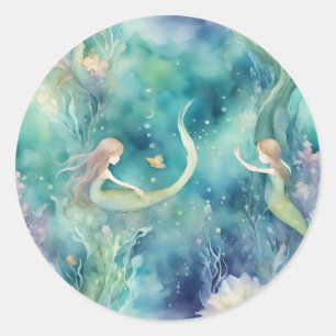 Zeemeerminnen waterverf kunst ronde sticker