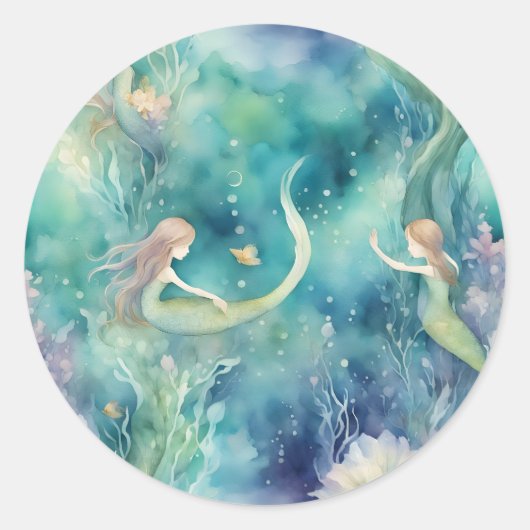 Zeemeerminnen waterverf kunst ronde sticker (Voorkant)