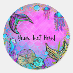 Zeemeerminnen & Zee Schelpen Roze Glitter Feestje Ronde Sticker