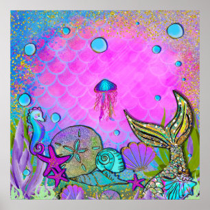 Zeemeerminnen & Zee Schelpen Roze Glitter Verjaard Poster
