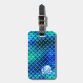 Zeemeerminnende parels en schalen Monogram Blauw I Bagagelabel (Voorkant verticaal)