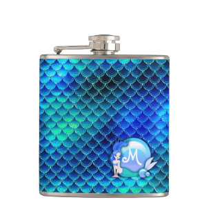 Zeemeerminnende parels en schalen Monogram Blauw I Heupfles