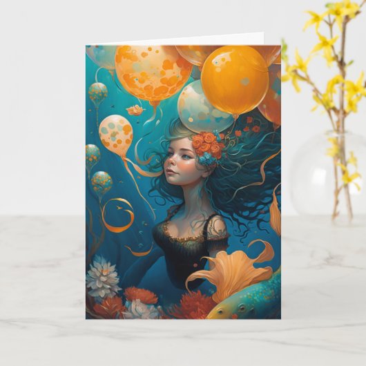 Zeemeerminnende schilderende vogelballonnen kaart (Gele Bloem)