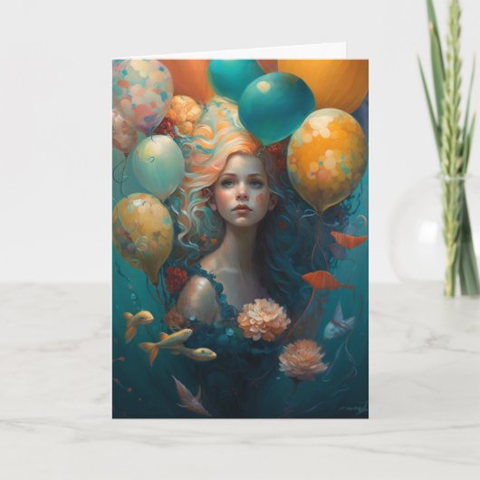 Zeemeerminnende schilderende vogelballonnen kaart (Voorkant)