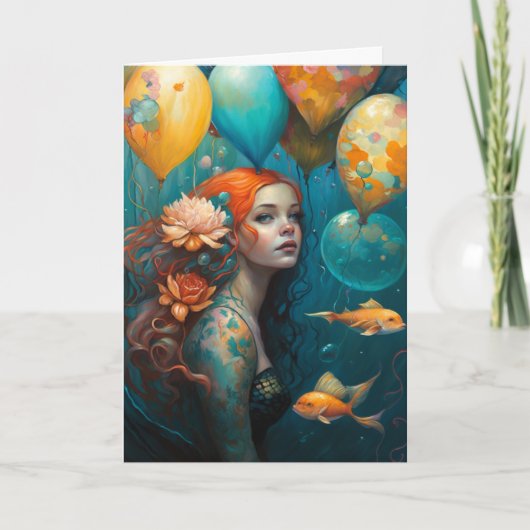 Zeemeerminnende schilderende vogelballonnen kaart (Voorkant)