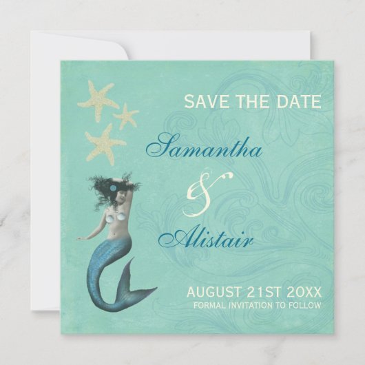 Zeemeerminnende strand kust sparen de datum save the date (Voorkant)
